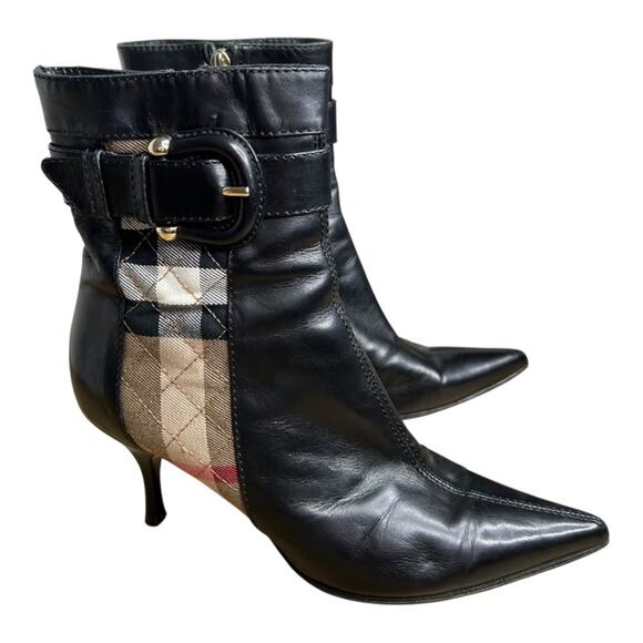 Burberry Black Leather Quilted Nova Check Gold Buckle Booties Size 37 - Picture 1 of 16